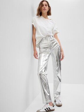😍 NWT 😍 Gap High Rise Vegan Leather Cheeky Straight Pants, Silver, Size 4 Long